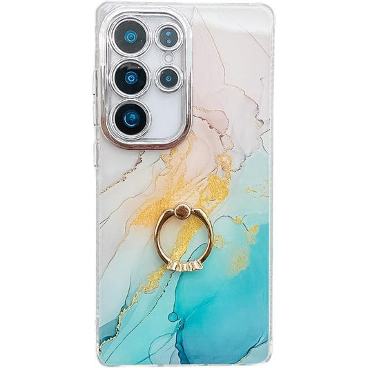 For Samsung Galaxy S25 Ultra 5G Electroplated Marble Texture Ring Holder Phone Case(Yellow Green S13) - Galaxy S25 Ultra 5G Cases by PMC Jewellery | Online Shopping South Africa | PMC Jewellery | Buy Now Pay Later Mobicred