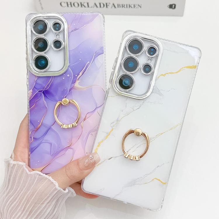 For Samsung Galaxy S25+ 5G Electroplated Marble Texture Ring Holder Phone Case(Yellow Green S13) - Galaxy S25+ 5G Cases by PMC Jewellery | Online Shopping South Africa | PMC Jewellery | Buy Now Pay Later Mobicred