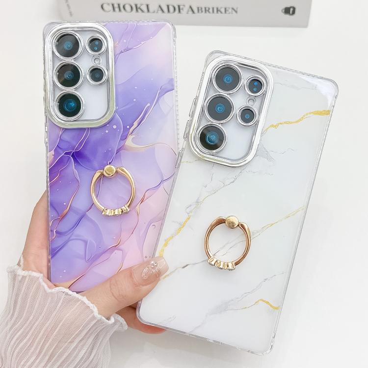 For Samsung Galaxy S25+ 5G Electroplated Marble Texture Ring Holder Phone Case(Blue Green S9) - Galaxy S25+ 5G Cases by PMC Jewellery | Online Shopping South Africa | PMC Jewellery | Buy Now Pay Later Mobicred