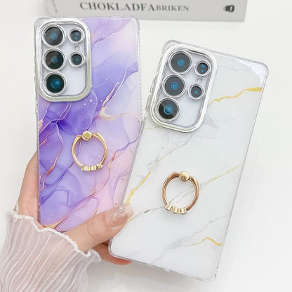 For Samsung Galaxy S25 5G Electroplated Marble Texture Ring Holder Phone Case(Gold White S1) - Galaxy S25 5G Cases by PMC Jewellery | Online Shopping South Africa | PMC Jewellery | Buy Now Pay Later Mobicred