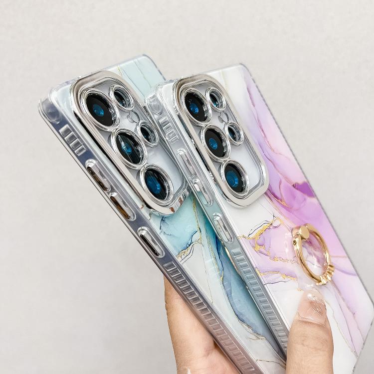 For Samsung Galaxy S25 Ultra 5G Electroplated Marble Texture Ring Holder Phone Case(Blue Green S9) - Galaxy S25 Ultra 5G Cases by PMC Jewellery | Online Shopping South Africa | PMC Jewellery | Buy Now Pay Later Mobicred