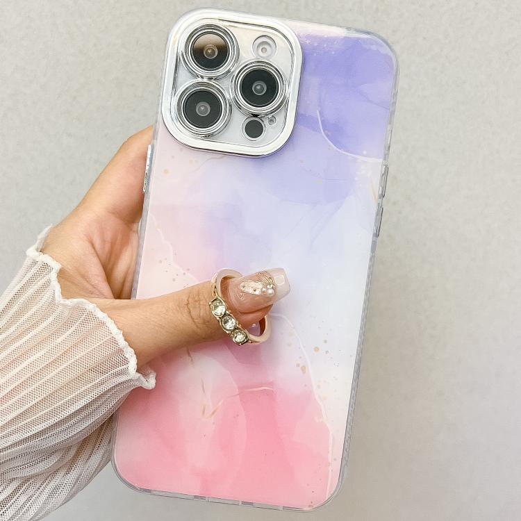 For iPhone 16e Electroplated Marble Texture Ring Holder Phone Case(Light Blue S5) - iPhone 16e Cases by PMC TechLife | Online Shopping South Africa | PMC TechLife | Buy Now Pay Later Mobicred