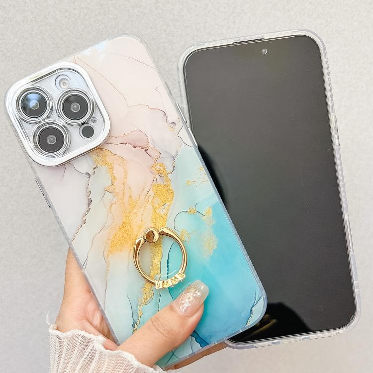 For iPhone 16e Electroplated Marble Texture Ring Holder Phone Case(Gold Pink Red S12) - iPhone 16e Cases by PMC TechLife | Online Shopping South Africa | PMC TechLife | Buy Now Pay Later Mobicred
