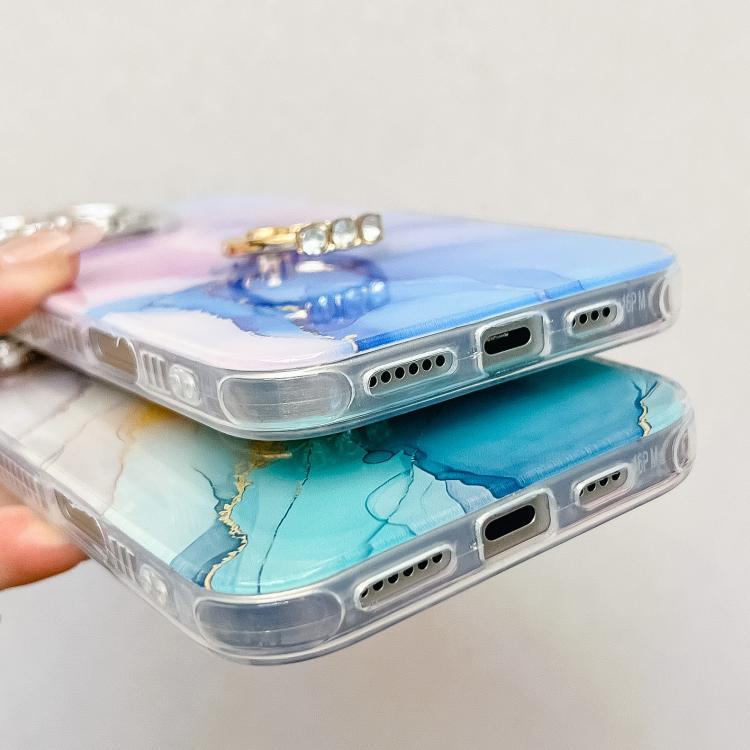 For iPhone 16e Electroplated Marble Texture Ring Holder Phone Case(Light Blue S5) - iPhone 16e Cases by PMC TechLife | Online Shopping South Africa | PMC TechLife | Buy Now Pay Later Mobicred