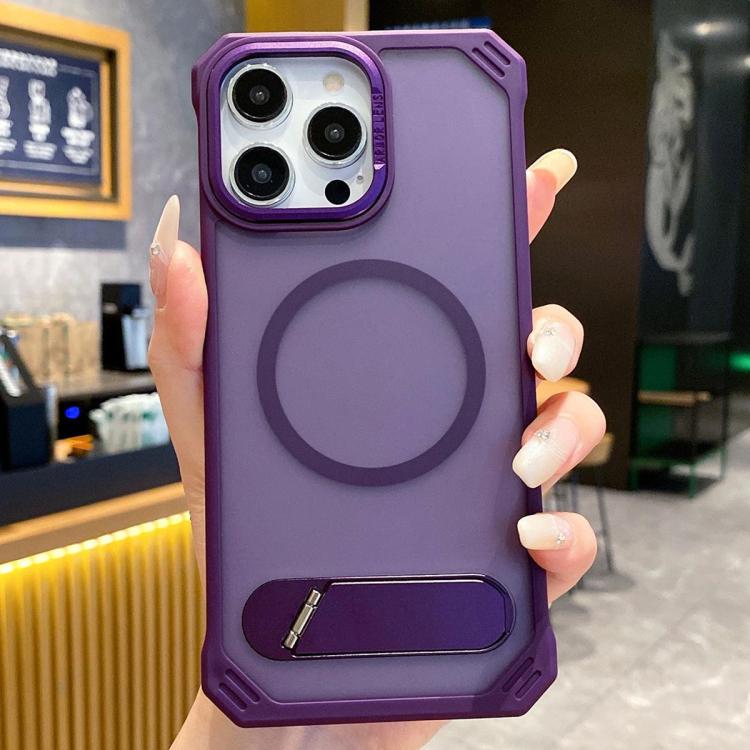 For iPhone 13 Pro Max Skin Feel Frameless MagSafe PC Phone Case with Fold Holder(Purple) - iPhone 13 Pro Max Cases by PMc TechLife | Online Shopping South Africa | PMc TechLife | Buy Now Pay Later Mobicred