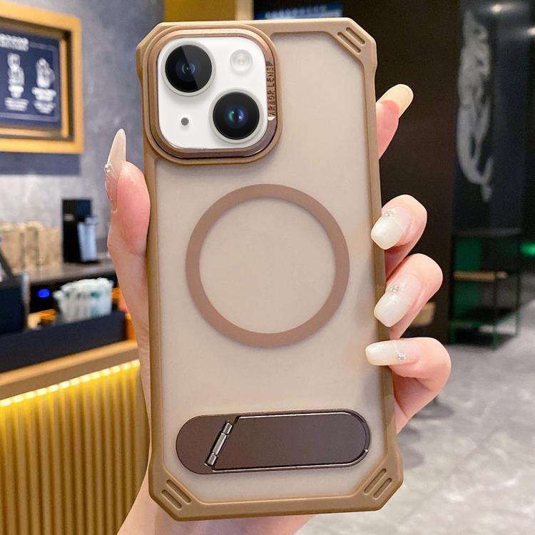 For iPhone 14 Skin Feel Frameless MagSafe PC Phone Case with Fold Holder(Desert Gold) - iPhone 14 Cases by PMc TechLife | Online Shopping South Africa | PMc TechLife | Buy Now Pay Later Mobicred