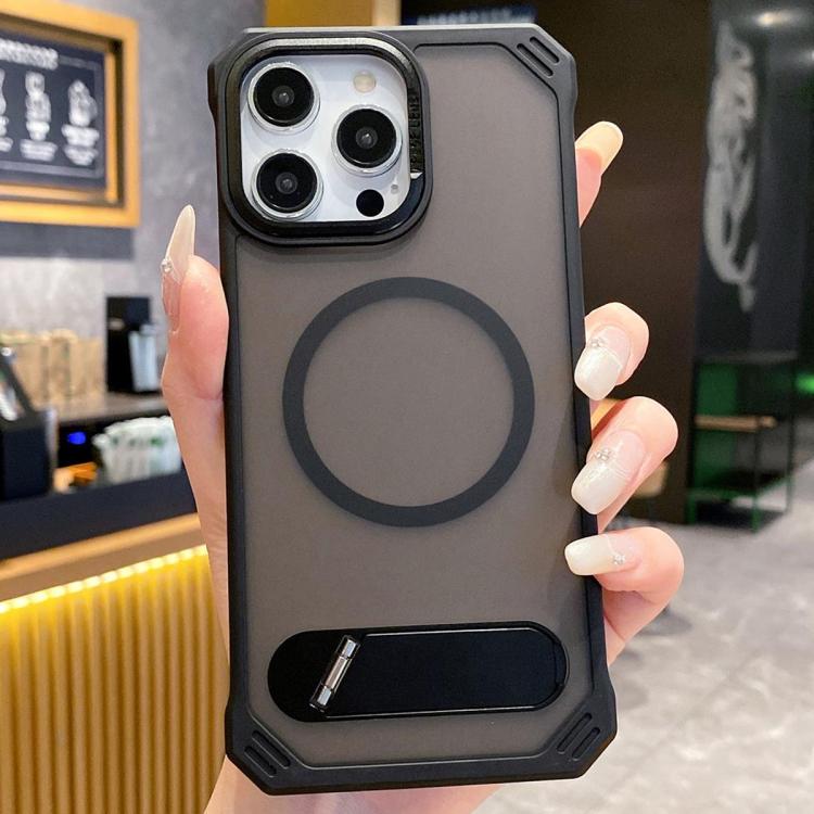 For iPhone 14 Pro Skin Feel Frameless MagSafe PC Phone Case with Fold Holder(Black) - iPhone 14 Pro Cases by PMc TechLife | Online Shopping South Africa | PMc TechLife | Buy Now Pay Later Mobicred