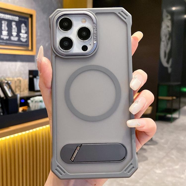 For iPhone 14 Pro Skin Feel Frameless MagSafe PC Phone Case with Fold Holder(Grey) - iPhone 14 Pro Cases by PMc TechLife | Online Shopping South Africa | PMc TechLife | Buy Now Pay Later Mobicred