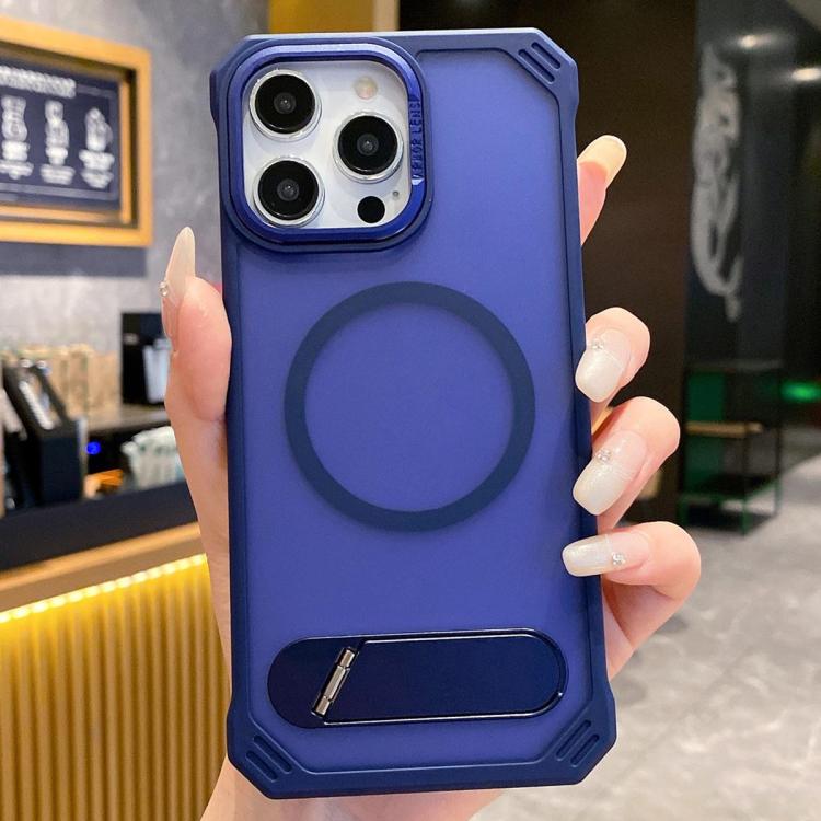 For iPhone 15 Pro Max Skin Feel Frameless MagSafe PC Phone Case with Fold Holder(Blue) - iPhone 15 Pro Max Cases by PMc TechLife | Online Shopping South Africa | PMc TechLife | Buy Now Pay Later Mobicred