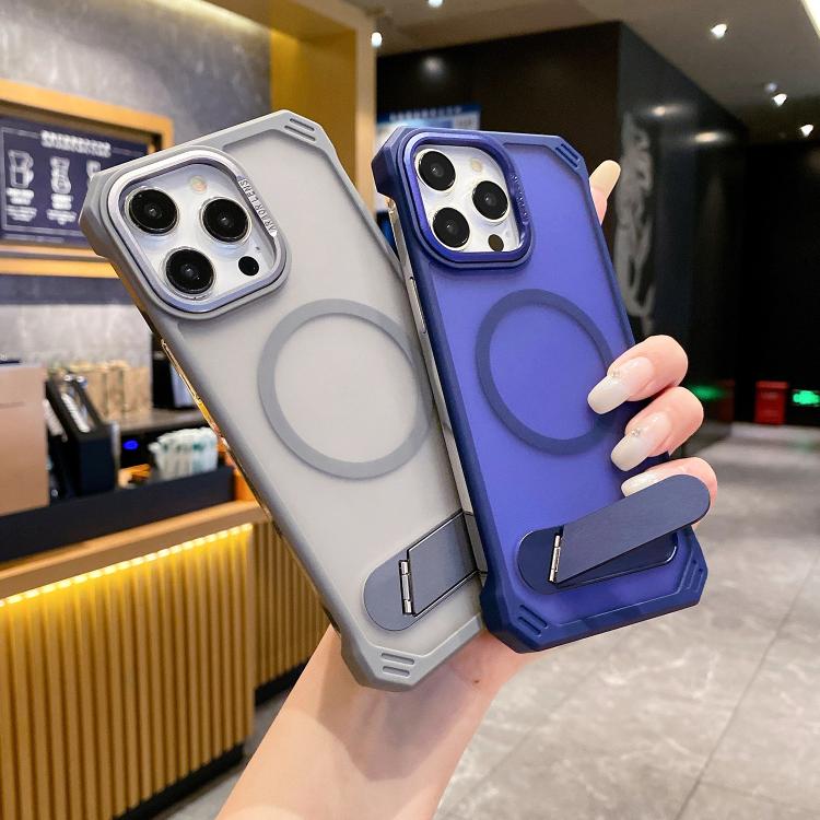 For iPhone 13 Pro Skin Feel Frameless MagSafe PC Phone Case with Fold Holder(Blue) - iPhone 13 Pro Cases by PMc TechLife | Online Shopping South Africa | PMc TechLife | Buy Now Pay Later Mobicred