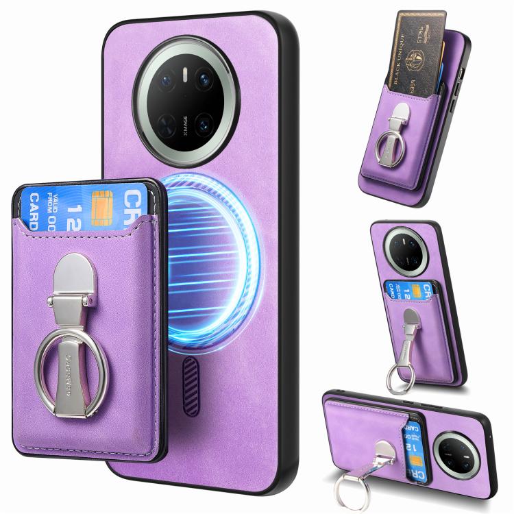 For Huawei Mate 70 Retro Folding Ring Holder Card Bag MagSafe Phone Case(Purple) - Huawei Cases by PMC TechLife | Online Shopping South Africa | PMC TechLife | Buy Now Pay Later Mobicred