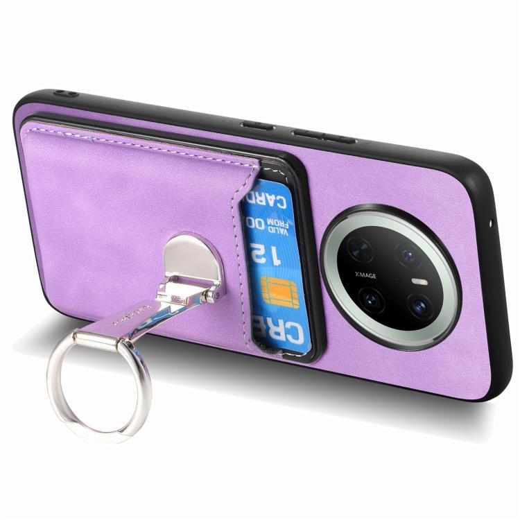 For Huawei Mate 70 Retro Folding Ring Holder Card Bag MagSafe Phone Case(Purple) - Huawei Cases by PMC TechLife | Online Shopping South Africa | PMC TechLife | Buy Now Pay Later Mobicred