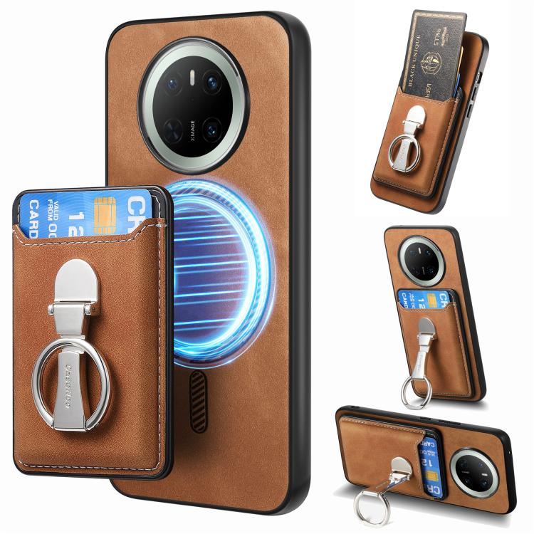 For Huawei Mate 70 Pro Retro Folding Ring Holder Card Bag MagSafe Phone Case(Brown) - Huawei Cases by PMC TechLife | Online Shopping South Africa | PMC TechLife | Buy Now Pay Later Mobicred