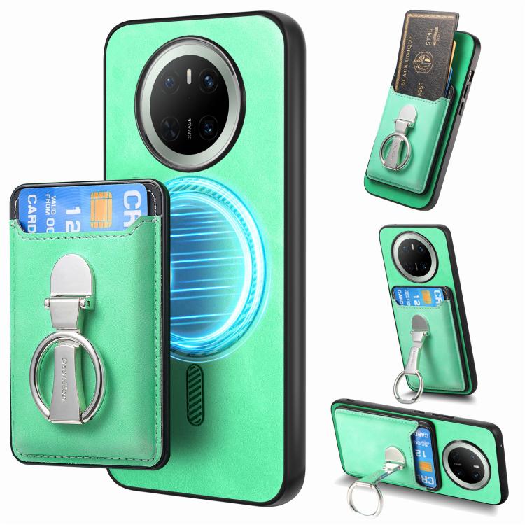For Huawei Mate 70 Pro Retro Folding Ring Holder Card Bag MagSafe Phone Case(Green) - Huawei Cases by PMC TechLife | Online Shopping South Africa | PMC TechLife | Buy Now Pay Later Mobicred