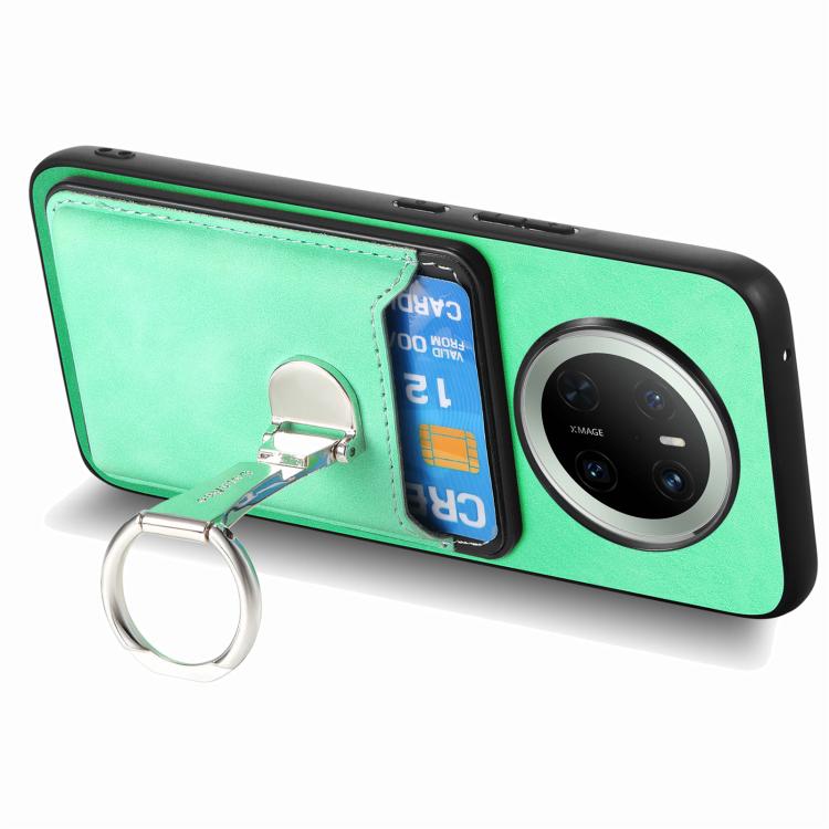 For Huawei Mate 70 Pro Retro Folding Ring Holder Card Bag MagSafe Phone Case(Green) - Huawei Cases by PMC TechLife | Online Shopping South Africa | PMC TechLife | Buy Now Pay Later Mobicred