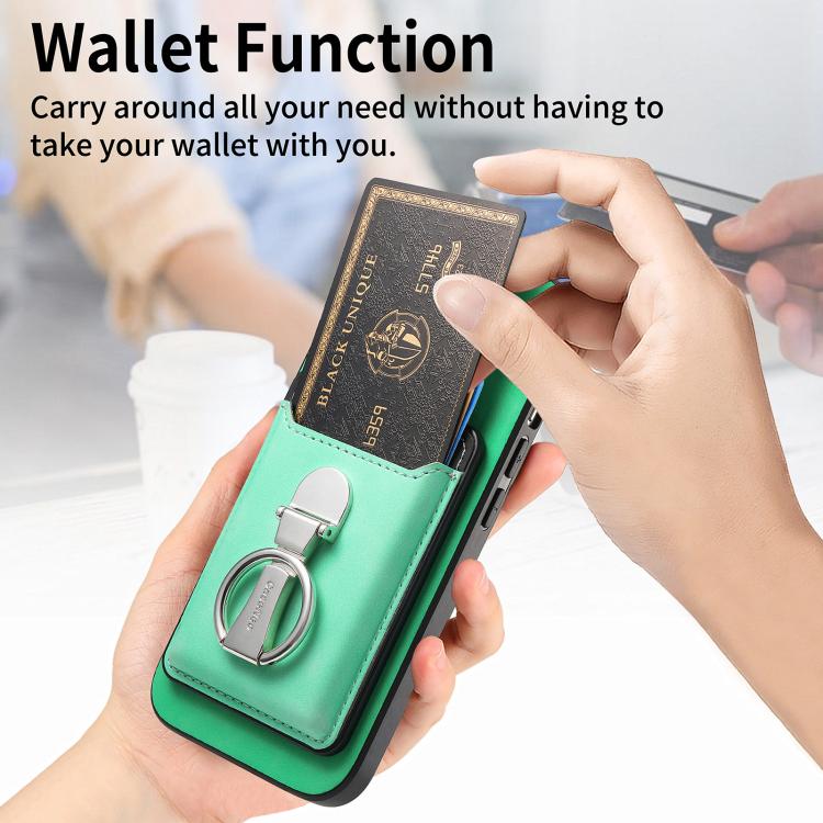 For Huawei Mate 70 Pro Retro Folding Ring Holder Card Bag MagSafe Phone Case(Green) - Huawei Cases by PMC TechLife | Online Shopping South Africa | PMC TechLife | Buy Now Pay Later Mobicred
