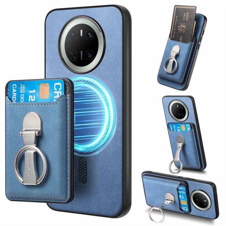 For Huawei Mate 70 Pro Retro Folding Ring Holder Card Bag MagSafe Phone Case(Blue) - Huawei Cases by PMC TechLife | Online Shopping South Africa | PMC TechLife | Buy Now Pay Later Mobicred