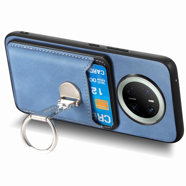 For Huawei Mate 70 Pro Retro Folding Ring Holder Card Bag MagSafe Phone Case(Blue) - Huawei Cases by PMC TechLife | Online Shopping South Africa | PMC TechLife | Buy Now Pay Later Mobicred