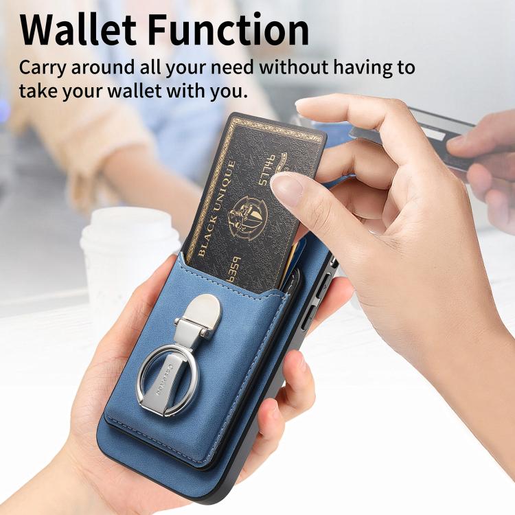 For Huawei Mate 70 Pro Retro Folding Ring Holder Card Bag MagSafe Phone Case(Blue) - Huawei Cases by PMC TechLife | Online Shopping South Africa | PMC TechLife | Buy Now Pay Later Mobicred