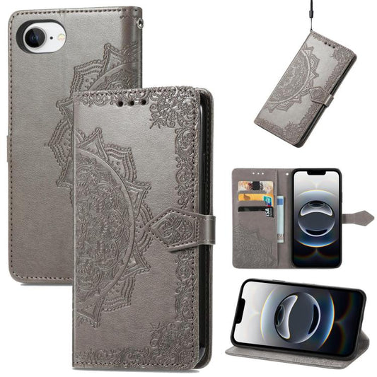 For iPhone 16e Mandala Flower Embossed Leather Phone Case(Gray) - iPhone 16e Cases by PMC Jewellery | Online Shopping South Africa | PMC Jewellery | Buy Now Pay Later Mobicred