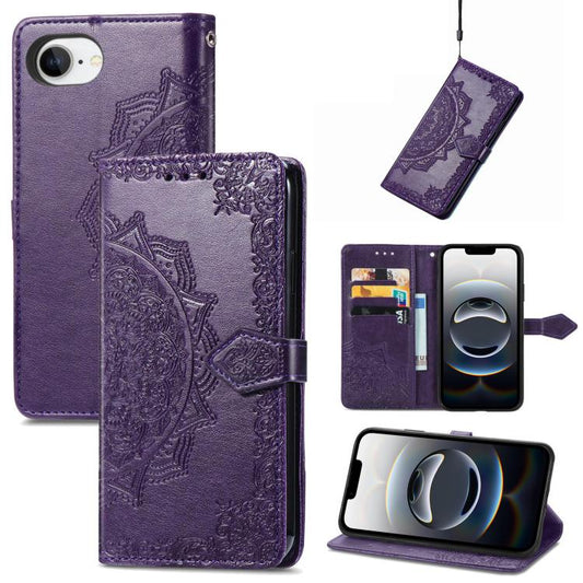 For iPhone 16e Mandala Flower Embossed Leather Phone Case(Purple) - iPhone 16e Cases by PMC Jewellery | Online Shopping South Africa | PMC Jewellery | Buy Now Pay Later Mobicred