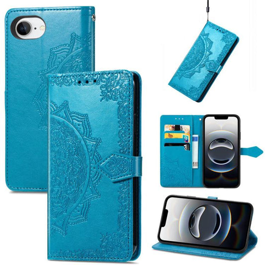 For iPhone 16e Mandala Flower Embossed Leather Phone Case(Blue) - iPhone 16e Cases by PMC Jewellery | Online Shopping South Africa | PMC Jewellery | Buy Now Pay Later Mobicred