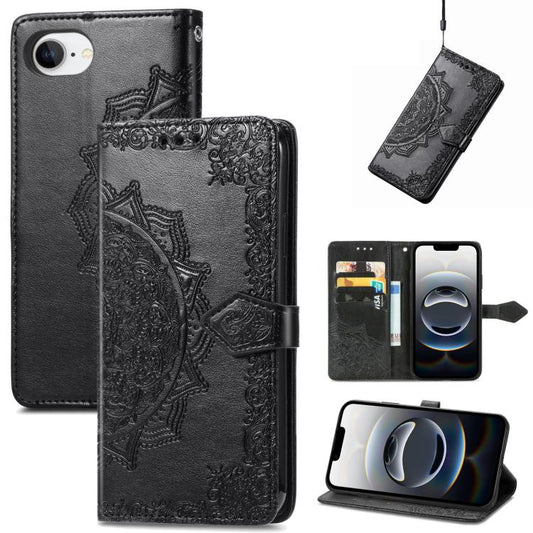 For iPhone 16e Mandala Flower Embossed Leather Phone Case(Black) - iPhone 16e Cases by PMC Jewellery | Online Shopping South Africa | PMC Jewellery | Buy Now Pay Later Mobicred