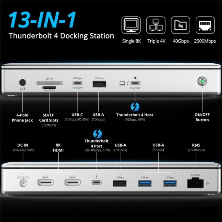 WAVLINK UTD45 96W Charging 8K / 4K Display Thunderbolt 4 Docking Station 13-in-1 Hub(EU Plug) - free shipping - PMc TechLife - Order now!