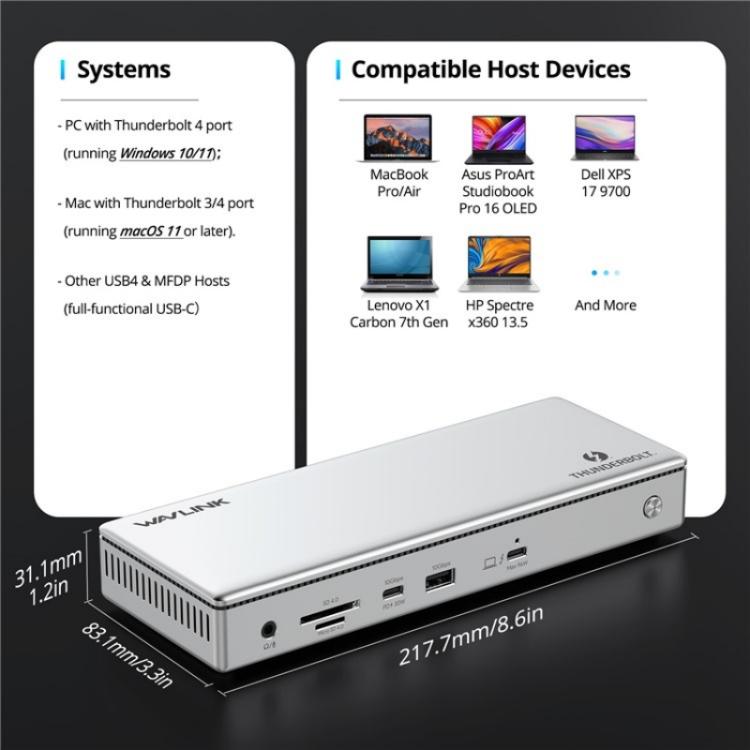 WAVLINK UTD45 96W Charging 8K / 4K Display Thunderbolt 4 Docking Station 13-in-1 Hub(EU Plug) - free shipping - PMc TechLife - Order now!