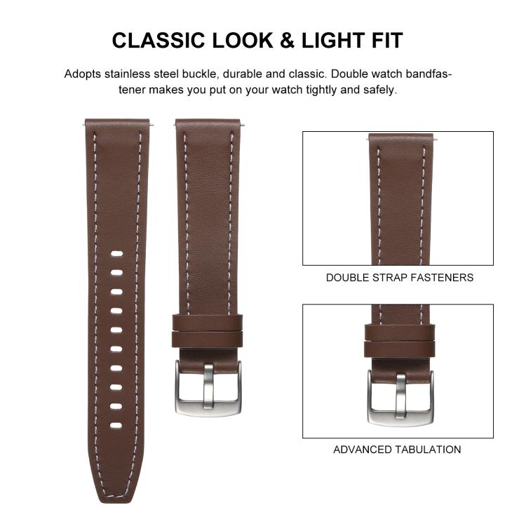 22mm Push Button Silver Steel Buckle Genuine Leather Watch Band(Yellow Brown) - free shipping - PMC TechLife - Order now!