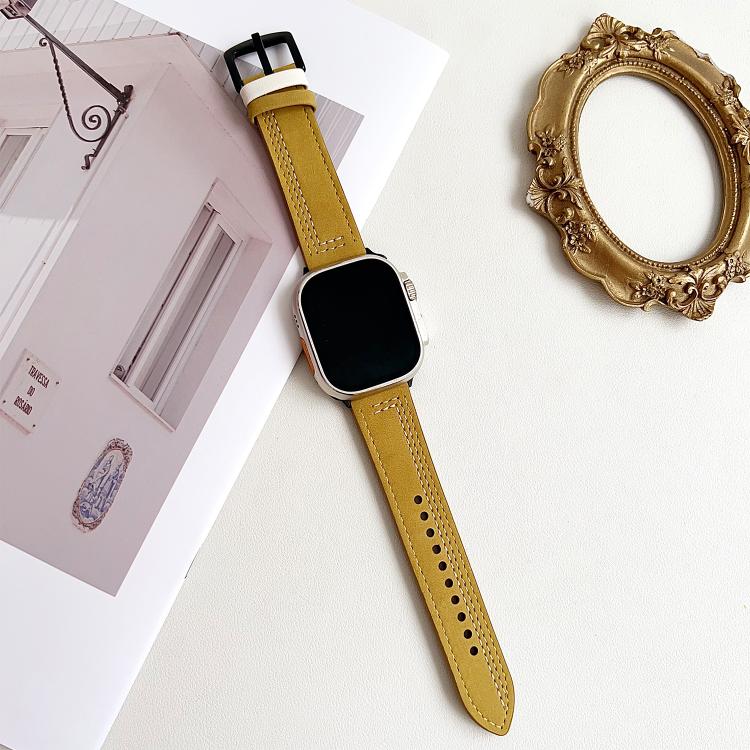 For Apple Watch 46mm / 49mm / 45mm / 44mm 7-Line Tri-Star Buckle Pull Up Leather Watch Band(Light Yellow White Thread) - Watch Bands by PMC TechLife | Online Shopping South Africa | PMC TechLife | Buy Now Pay Later Mobicred