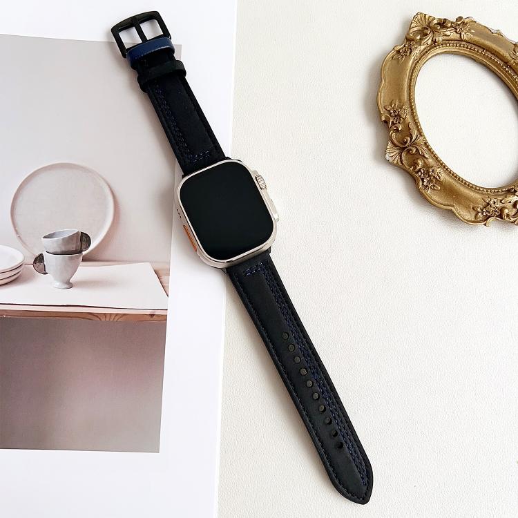 For Apple Watch 42mm / 41mm / 40mm / 38mm 7-Line Tri-Star Buckle Pull Up Leather Watch Band(Black Blue Thread) - Watch Bands by PMC TechLife | Online Shopping South Africa | PMC TechLife | Buy Now Pay Later Mobicred