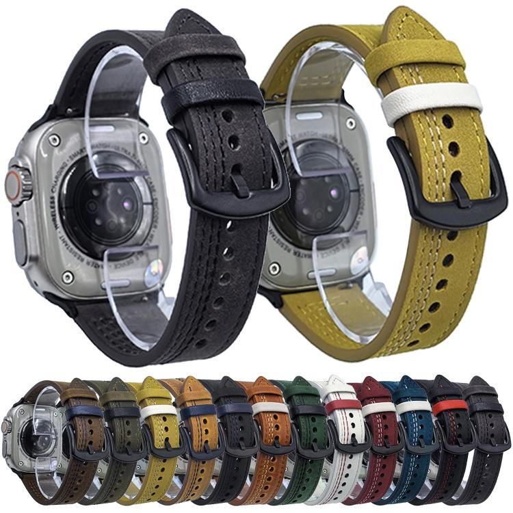 For Apple Watch 42mm / 41mm / 40mm / 38mm 7-Line Tri-Star Buckle Pull Up Leather Watch Band(Gray Black Thread) - Watch Bands by PMC TechLife | Online Shopping South Africa | PMC TechLife | Buy Now Pay Later Mobicred