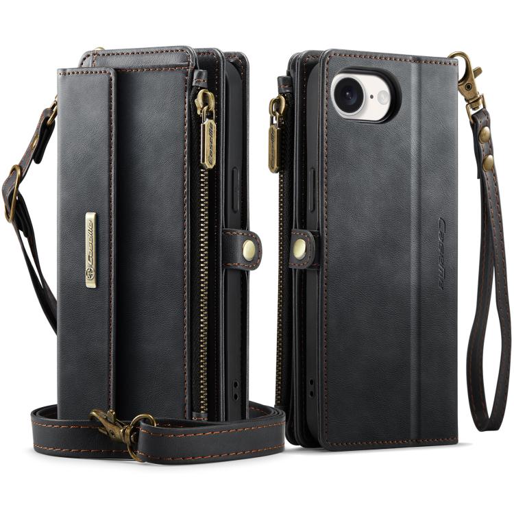 For iPhone 16e CaseMe C39 RFID Blocking Zipper Wallet Leather Phone Case with Crossbody Strap(Black) - free shipping - PMc TechLife - Order now!