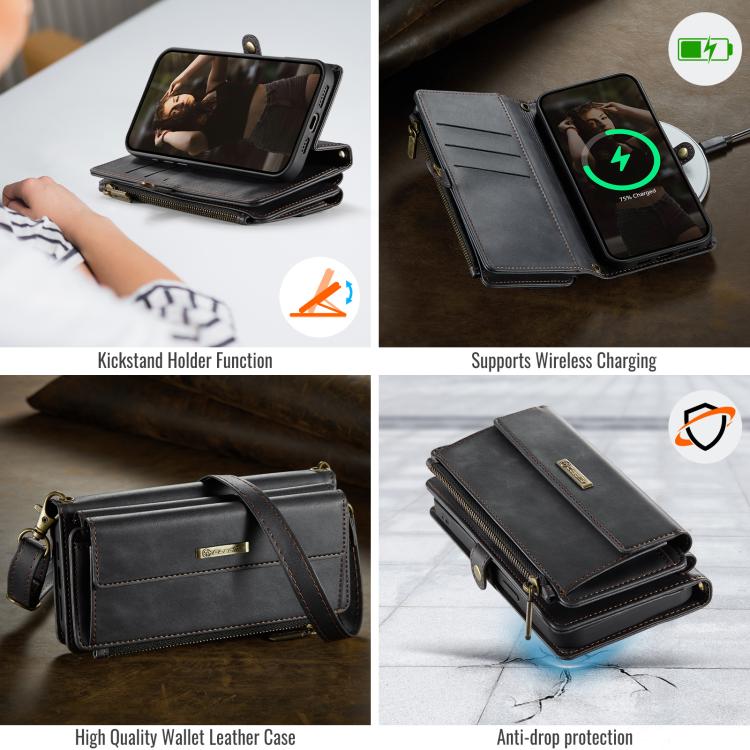 For iPhone 16e CaseMe C39 RFID Blocking Zipper Wallet Leather Phone Case with Crossbody Strap(Black) - free shipping - PMc TechLife - Order now!