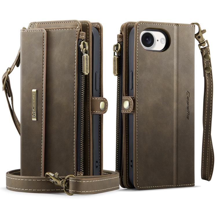 For iPhone 16e CaseMe C39 RFID Blocking Zipper Wallet Leather Phone Case with Crossbody Strap(Coffee) - free shipping - PMc TechLife - Order now!