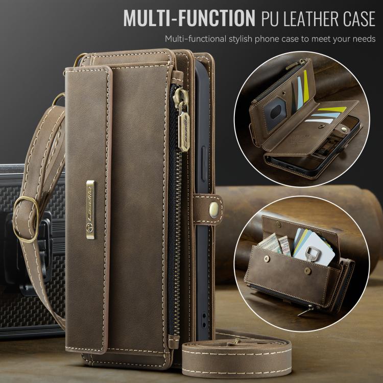 For iPhone 16e CaseMe C39 RFID Blocking Zipper Wallet Leather Phone Case with Crossbody Strap(Coffee) - free shipping - PMc TechLife - Order now!