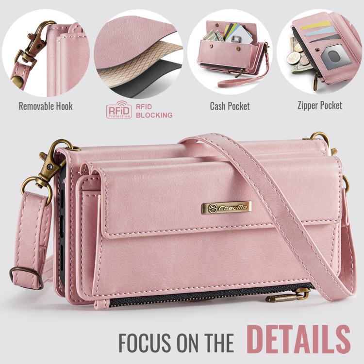 For iPhone 16e CaseMe C39 RFID Blocking Zipper Wallet Leather Phone Case with Crossbody Strap(Pink) - free shipping - PMc TechLife - Order now!