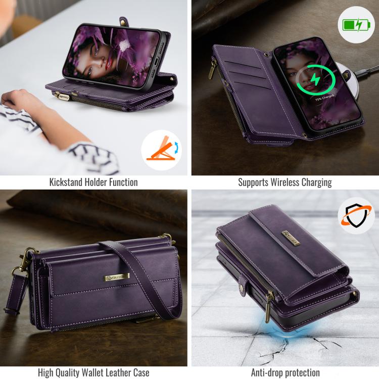 For iPhone 16e CaseMe C39 RFID Blocking Zipper Wallet Leather Phone Case with Crossbody Strap(Purple) - free shipping - PMc TechLife - Order now!