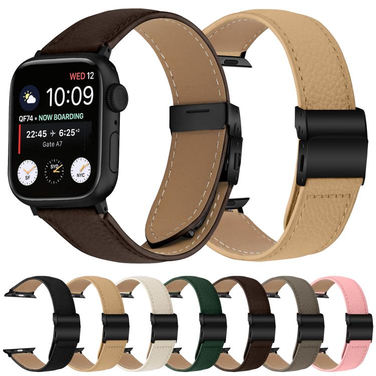 For Apple Watch 42mm / 41mm / 40mm / 38mm Lychee Texture Black Turtle Back Buckle Leather Watch Band(Camel) - Watch Bands by PMC TechLife | Online Shopping South Africa | PMC TechLife | Buy Now Pay Later Mobicred