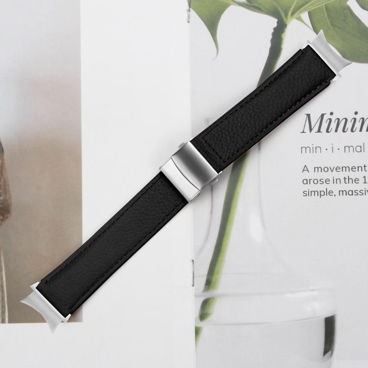 For Samsung Galaxy Watch 7 40 / 44mm Lychee Texture Silver Turtle Back Buckle Leather Watch Band(Black) - free shipping - PMC TechLife - Order now!