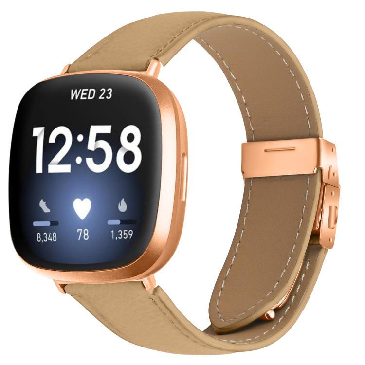 For Fitbit Versa 3 / 4 Lychee Texture Rose Gold Turtle Back Buckle Leather Watch Band(Camel) - free shipping - PMC TechLife - Order now!