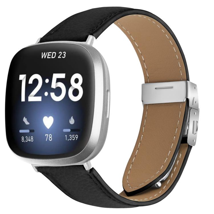 For Fitbit Versa 3 / 4 Lychee Texture Silver Turtle Back Buckle Leather Watch Band(Black) - free shipping - PMC TechLife - Order now!