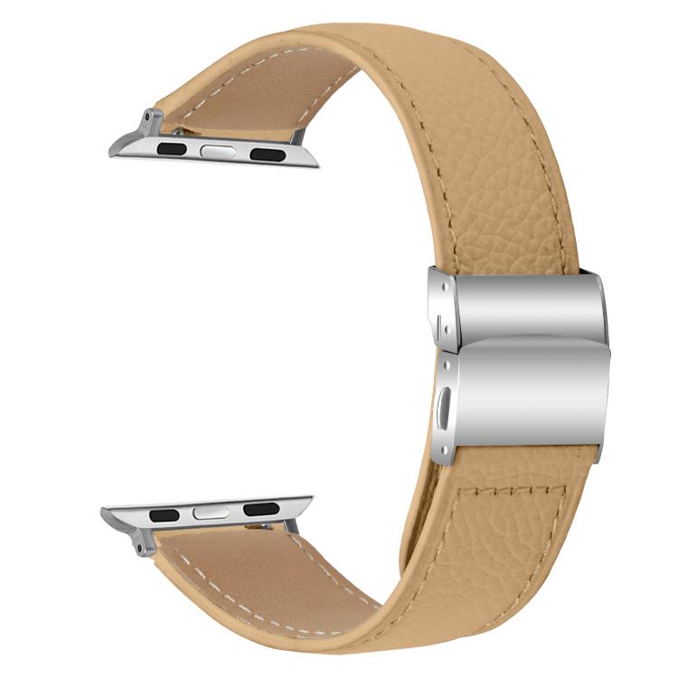 For Apple Watch 46mm / 49mm / 45mm / 44mm Lychee Texture Silver Turtle Back Buckle Leather Watch Band(Camel) - free shipping - PMC TechLife - Order now!