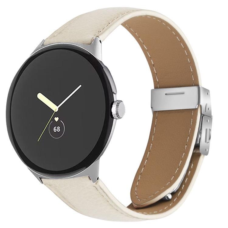 For Google Pixel Watch / Watch 2 / 3 41mm Lychee Texture Silver Turtle Back Buckle Leather Watch Band(Creamy White) - free shipping - PMC TechLife - Order now!