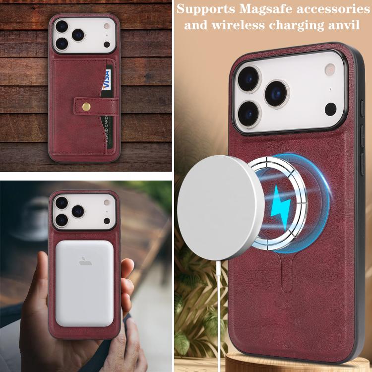 For iPhone 17 Pro Kalebol Magnetic Button Card Bag MagSafe Ring Leather Phone Case(Red) - iPhone 17 Pro Cases by Kalebol | Online Shopping South Africa | PMC TechLife | Buy Now Pay Later Mobicred