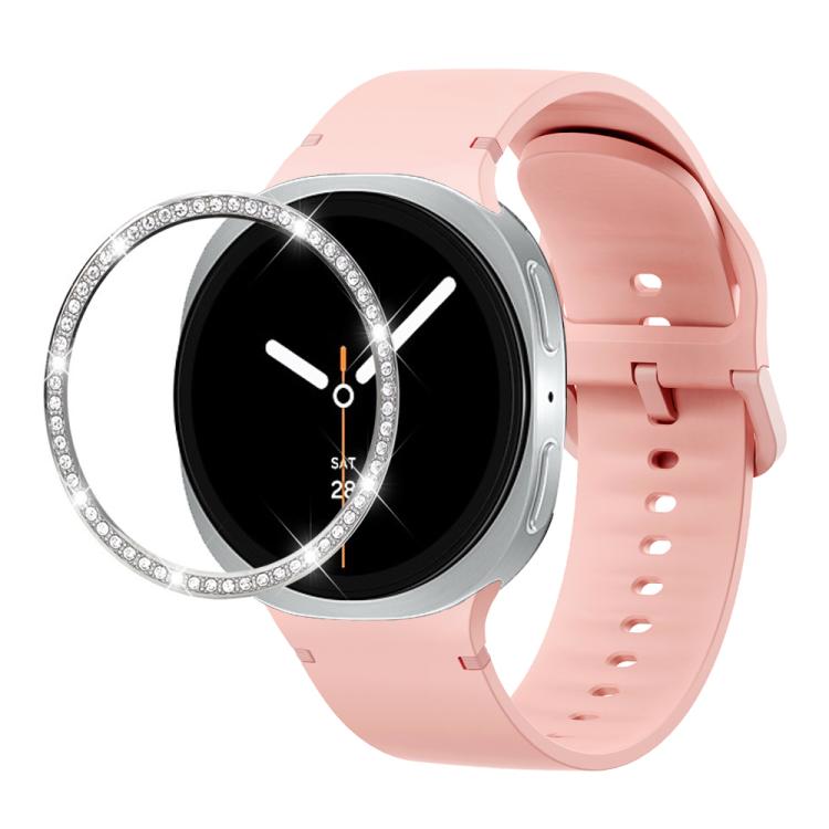 For Samsung Galaxy Watch8 44mm Diamond Bezel and Solid Color Stitched Silicone Watch Band(Pink Silver) - free shipping - PMC TechLife - Order now!
