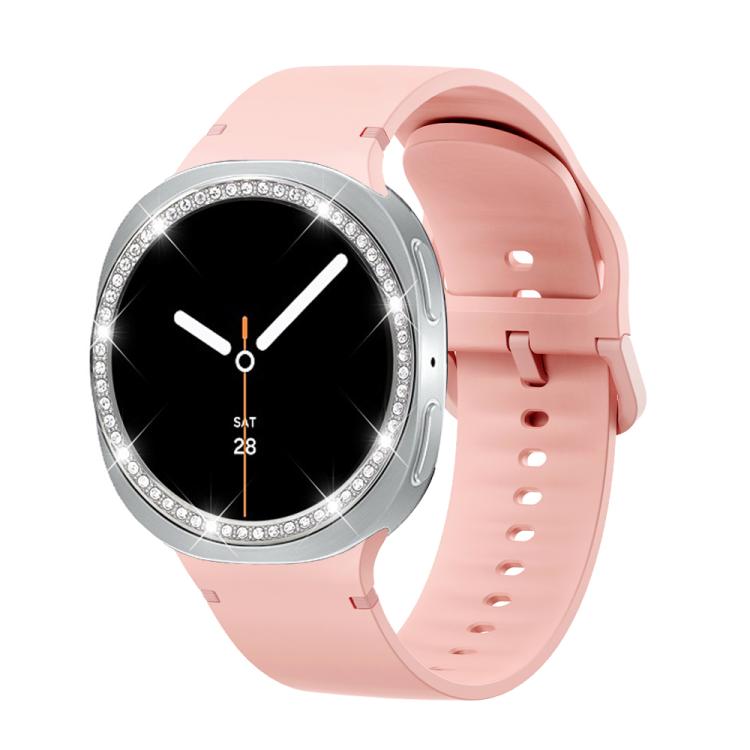 For Samsung Galaxy Watch8 44mm Diamond Bezel and Solid Color Stitched Silicone Watch Band(Pink Silver) - free shipping - PMC TechLife - Order now!