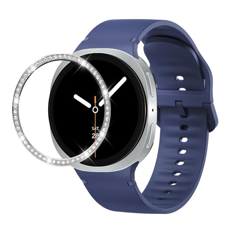 For Samsung Galaxy Watch8 44mm Diamond Bezel and Solid Color Stitched Silicone Watch Band(Midnight Blue Silver) - free shipping - PMC TechLife - Order now!