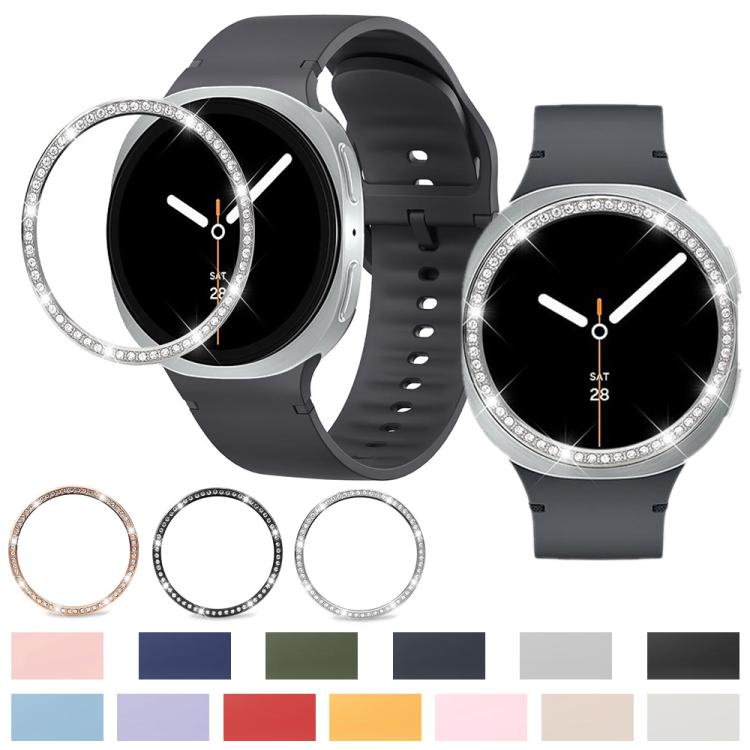 For Samsung Galaxy Watch8 40mm Diamond Bezel and Solid Color Stitched Silicone Watch Band(Black Silver) - free shipping - PMC TechLife - Order now!